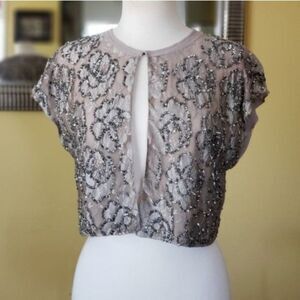 Dolan Lace Beaded Floral Sequined Sleeveless Shrug Size Medium/Large Brown Tan